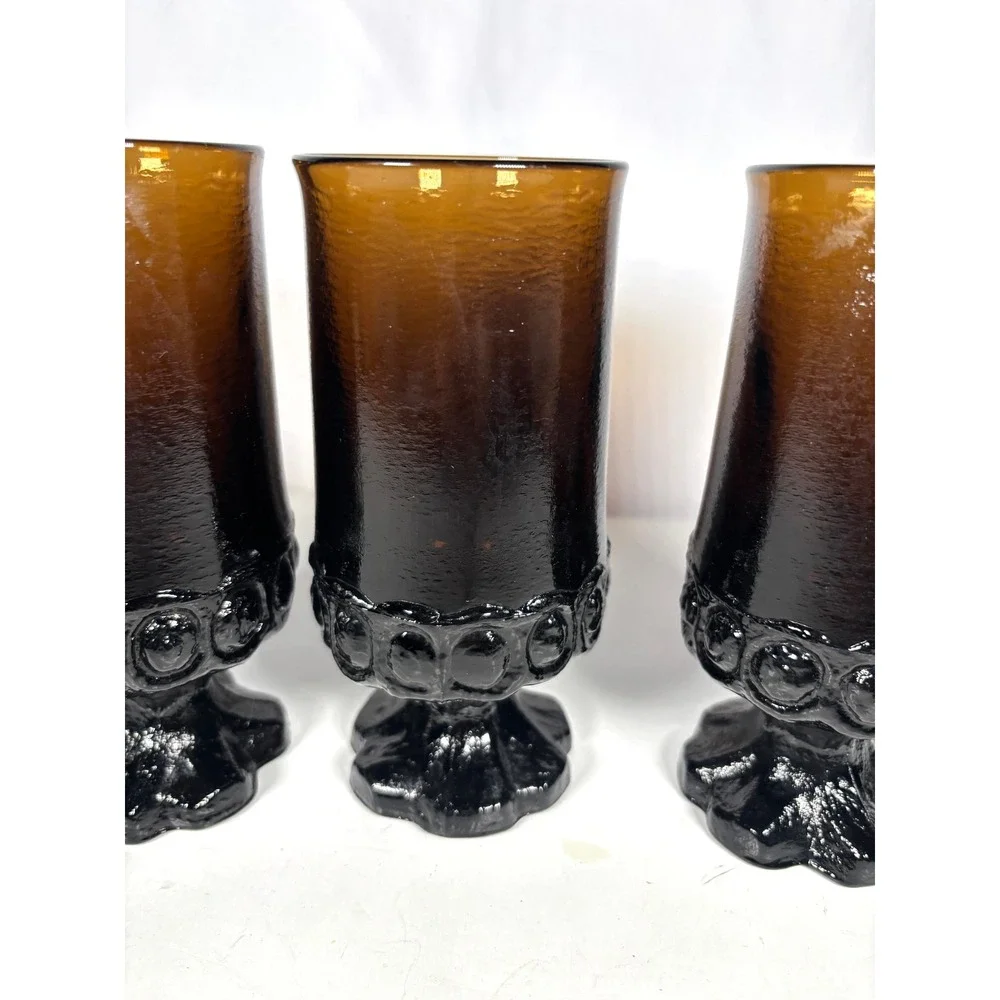 Vintage Indiana Glass Kings Crown Amber Goblets Tumblers Set Mid Century 4 Pc